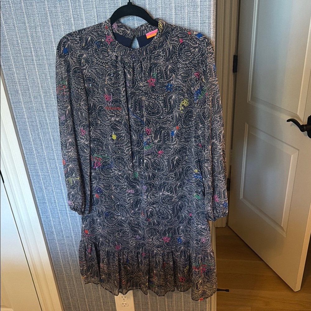Vilagallo Navy Paisley Print Dress with Pink & Yellow Accents